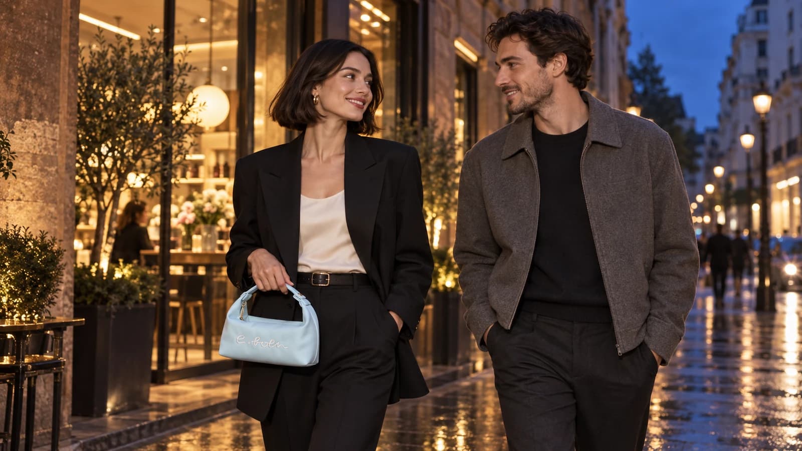 A woman carries a blue Echo pouch beside her companion on an evening city walk