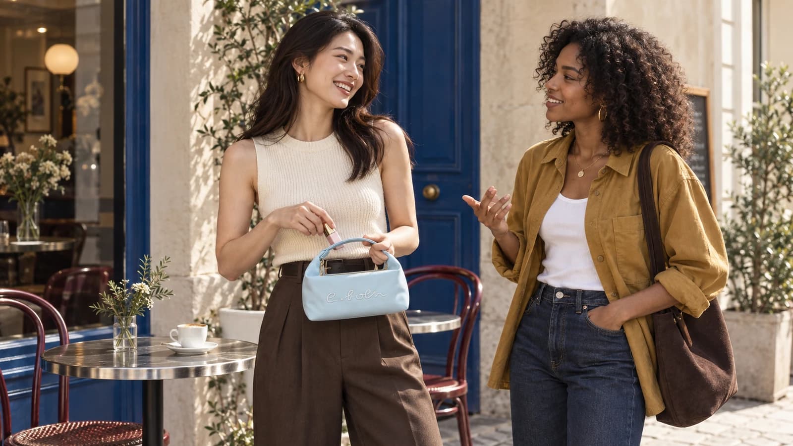 Two friends chat outside a café as one takes an item from a powder-blue Echo pouch