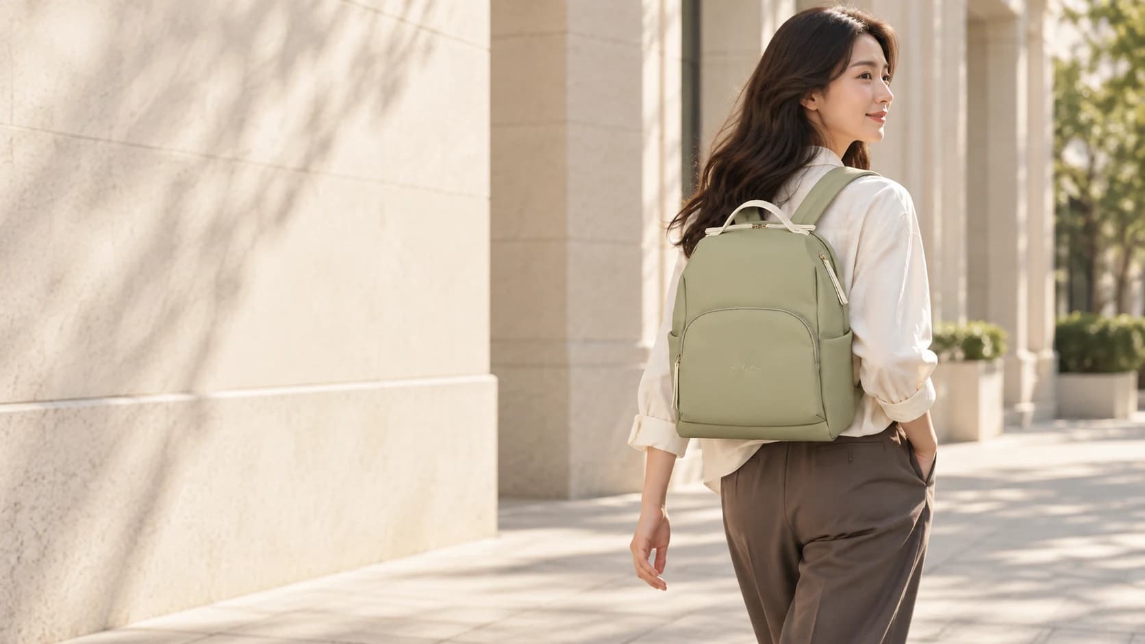 A commuter wearing a sage green e.Both backpack in a sunlit city courtyard