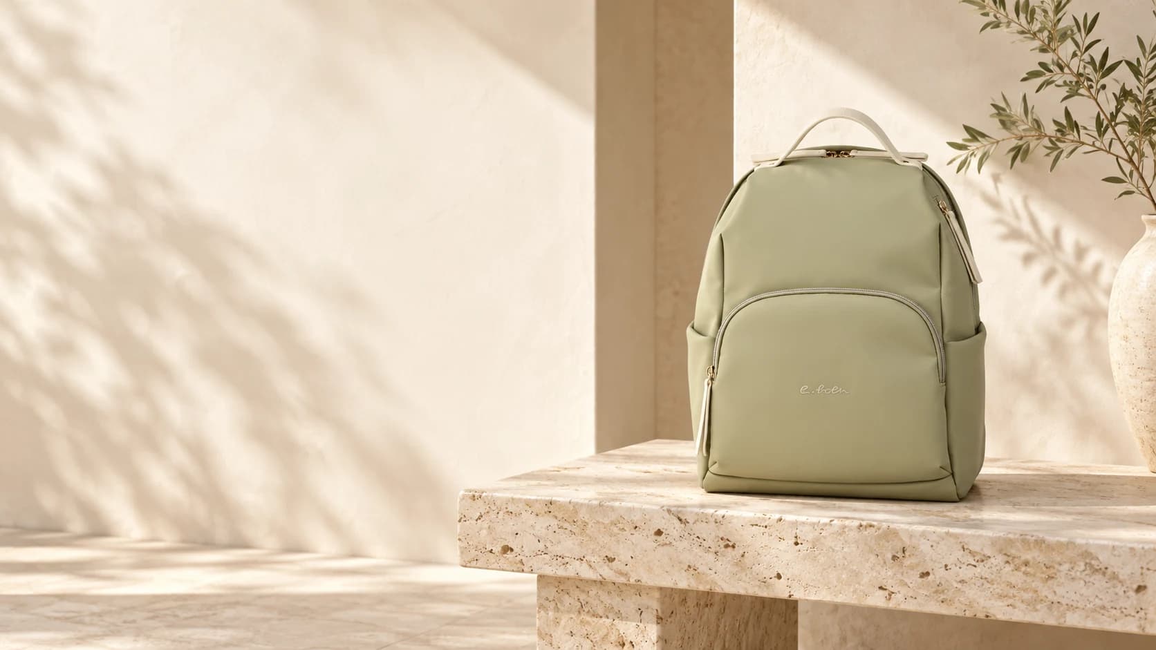 Sage green e.Both backpack in a sunlit limestone gallery